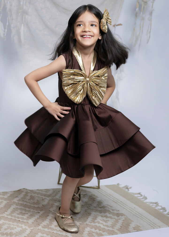 Brown Taffeta Silk Swirl With Golden Big Bow Dress