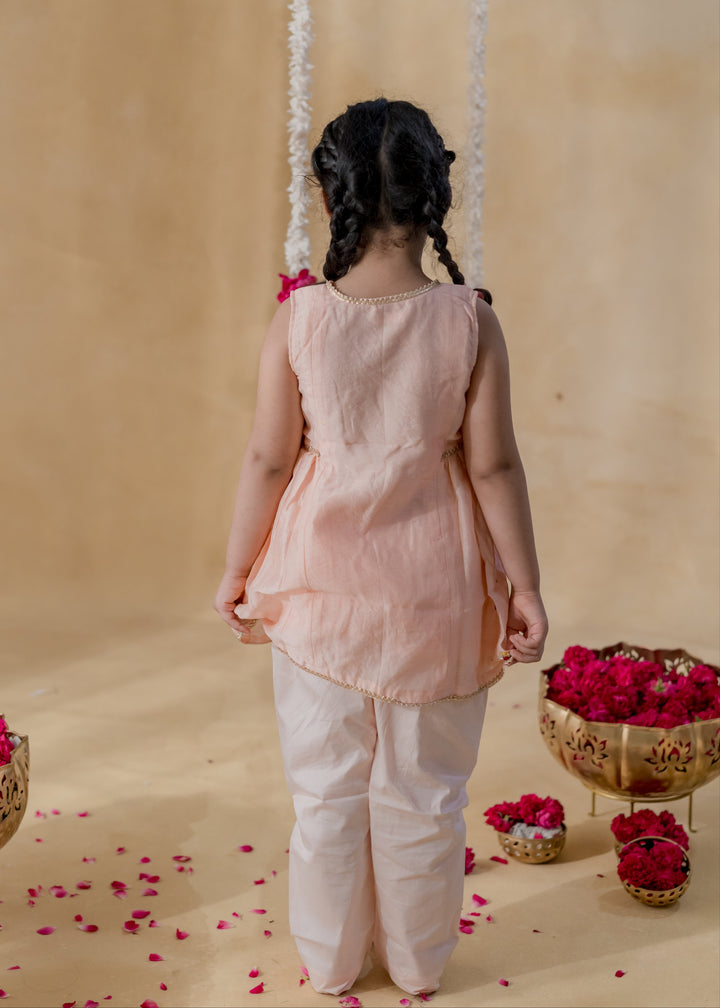 Peach Angrakha Petal Style Kurta With Pant Set
