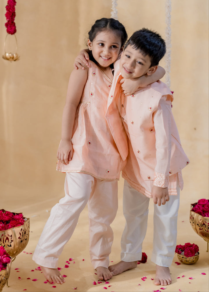 Peach Gota Chakri Chanderi Jacket And Kurta With White Pyjama Set