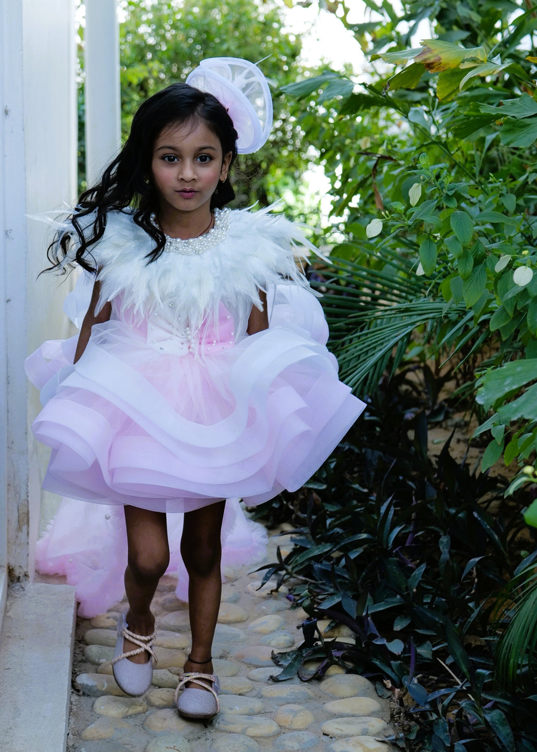 Pink and White Princess Net Flared Dress