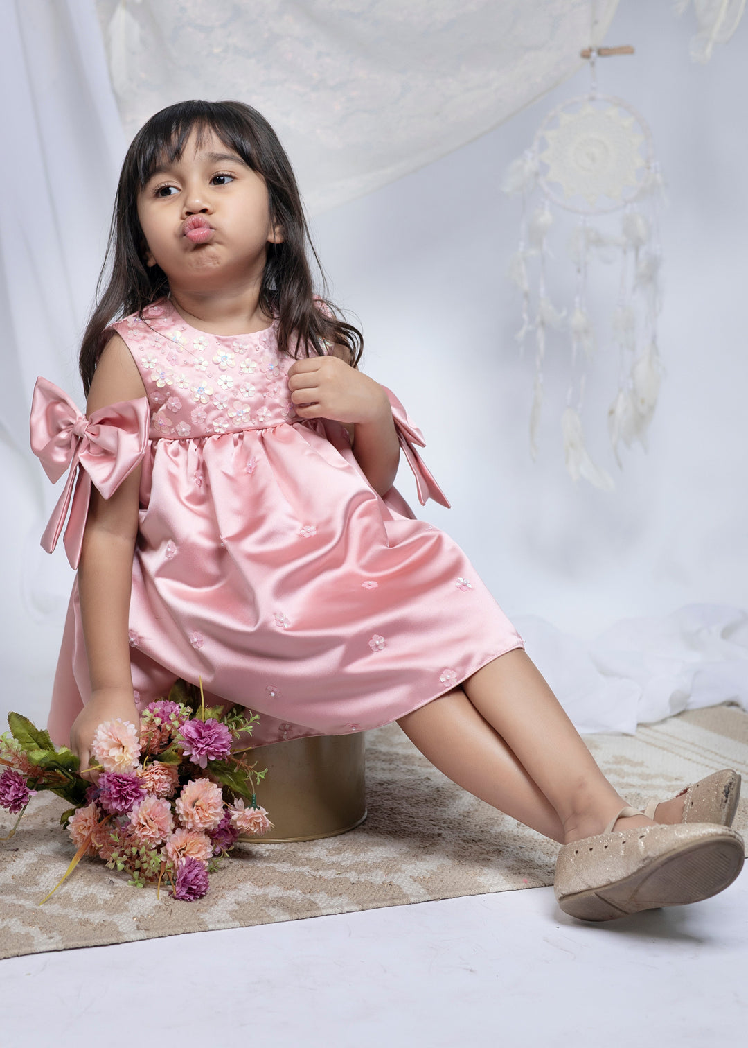 Light Peach Satin Bow On Arm Dress