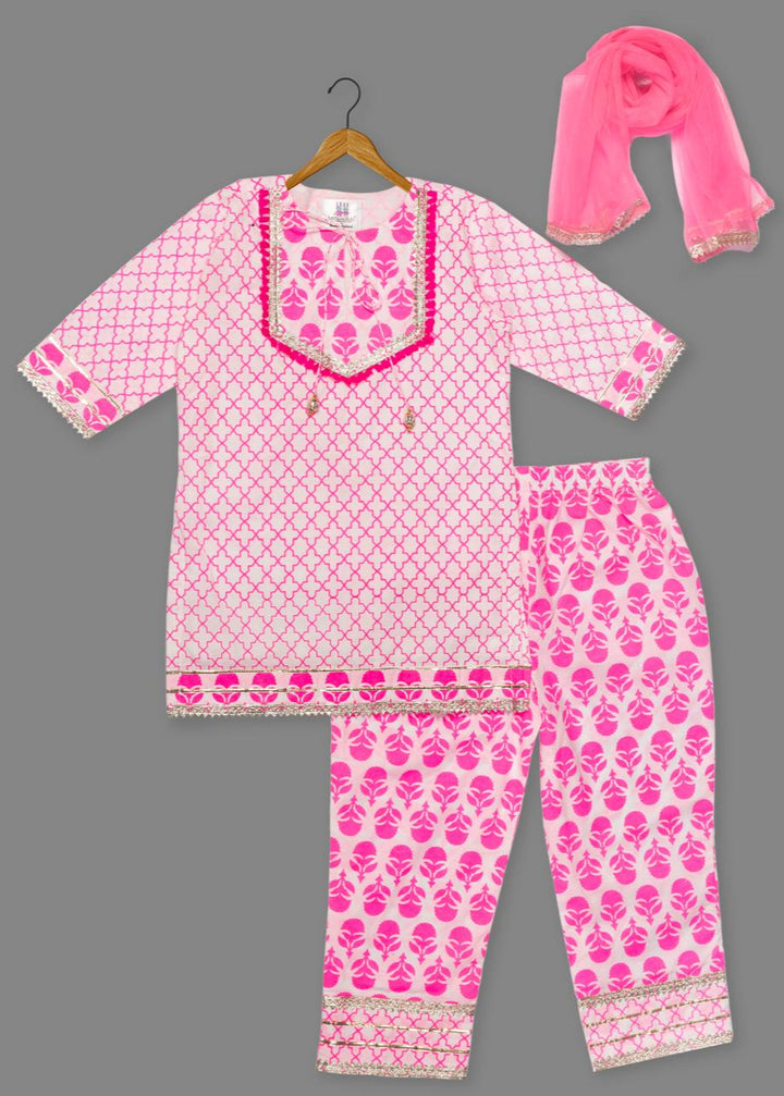 Pink Cotton Printed Kurti Pant With Dupatta Set