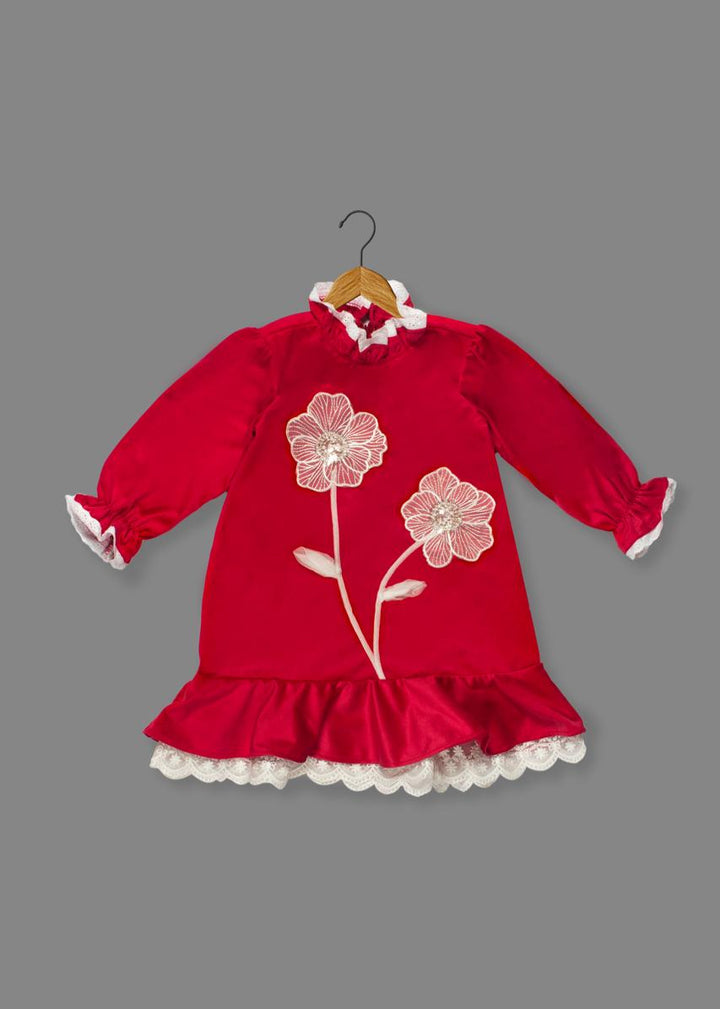 Red Velvet Floral Party Dress