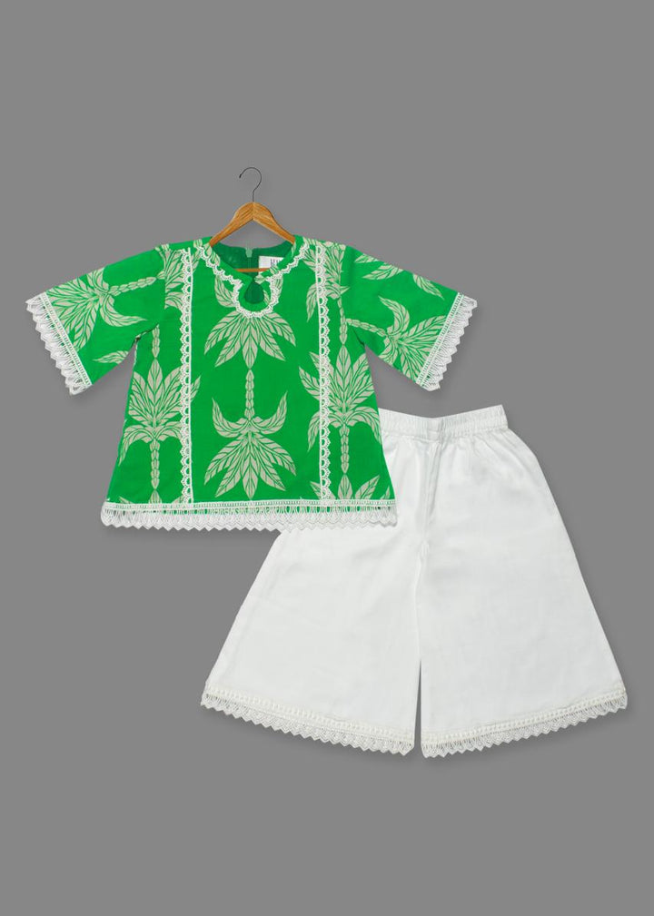 Green Floral Printed Cotton Kurti With Palazzo Set
