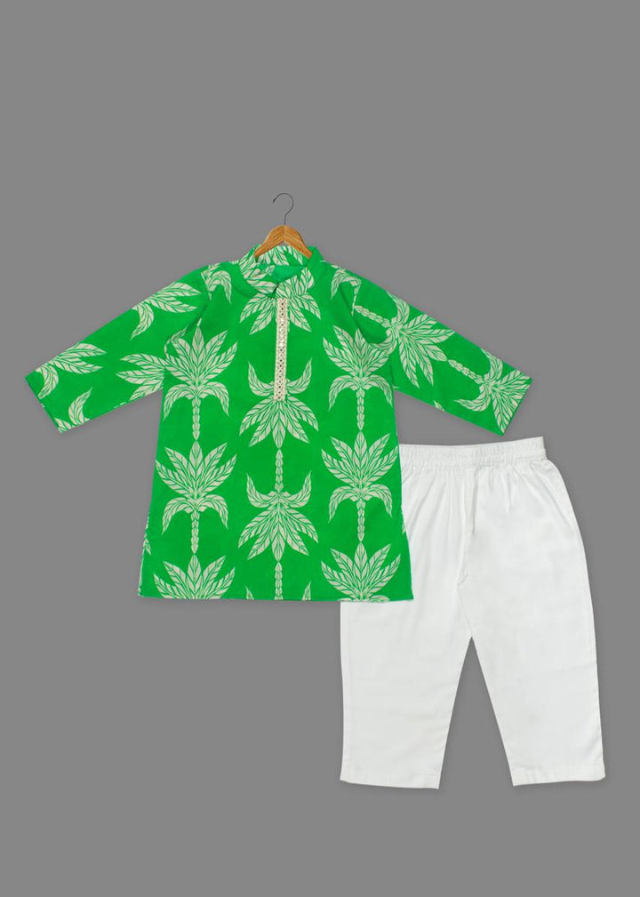 Green Printed Cotton Kurta With Pyjama Set