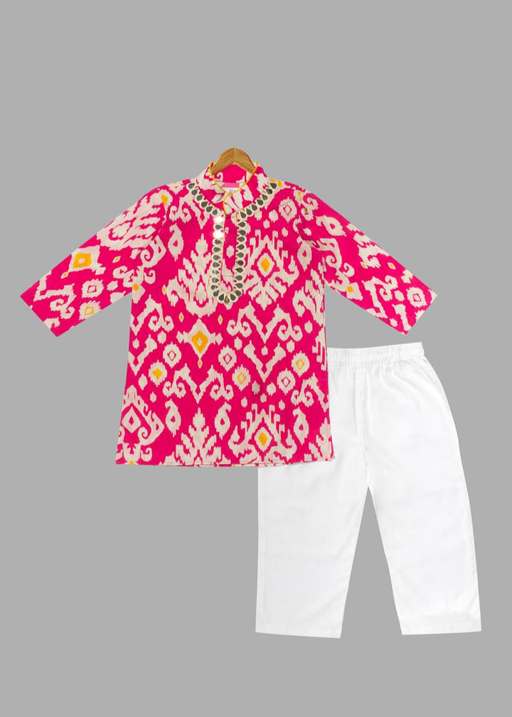 Pink Printed Cotton Kurta With Pyjama Set