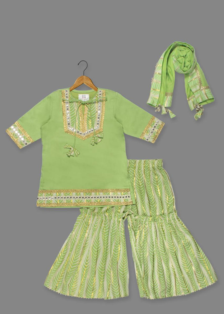 Green Cotton Gota And Faux Mirror Work Kurti Sharara With Dupatta Set