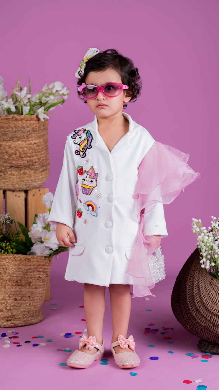 White Unicorn Theme Blazer Ruffle Dress