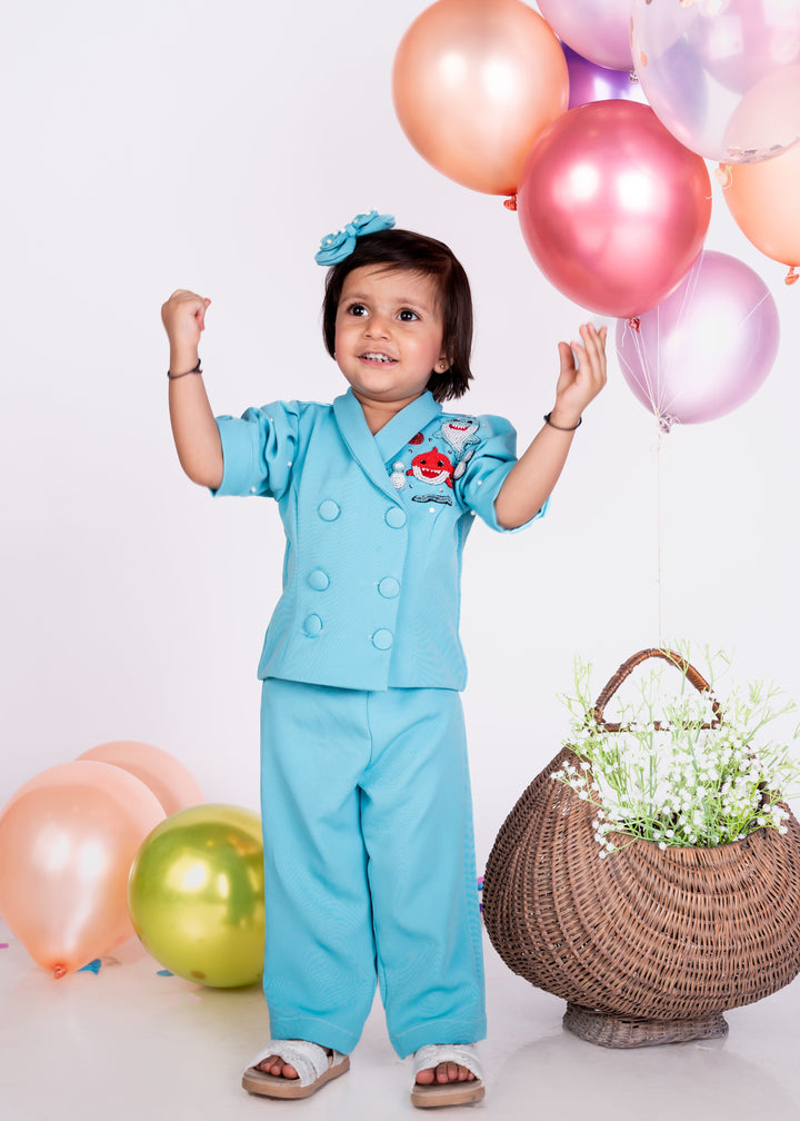 Blue Thick Crepe Baby Shark Theme Blazer Set
