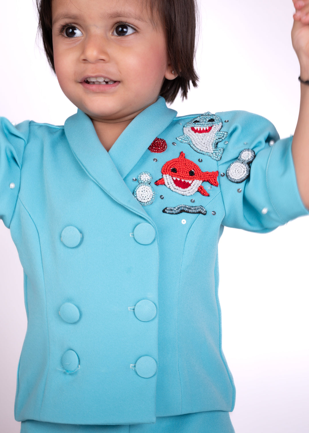 Blue Thick Crepe Baby Shark Theme Blazer Set