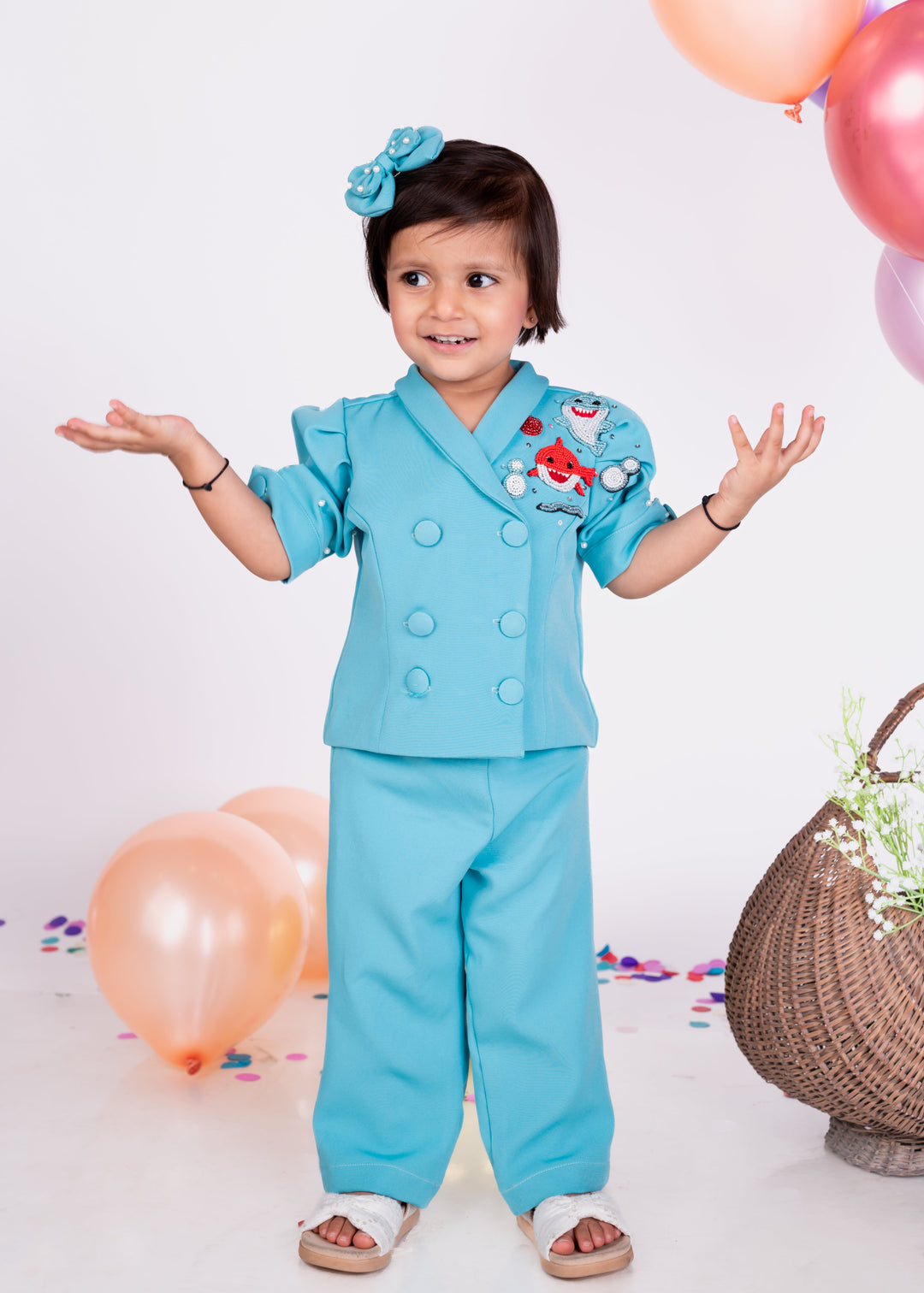 Blue Thick Crepe Baby Shark Theme Blazer Set