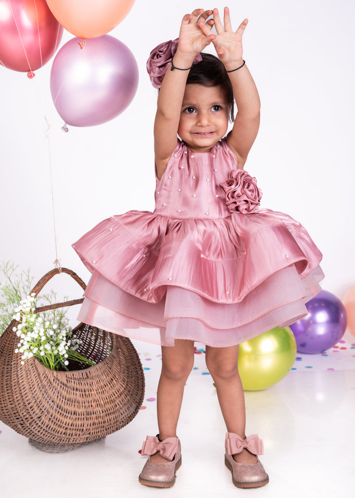 Rose Gold Pinkish Layered Flower Detailing Dress