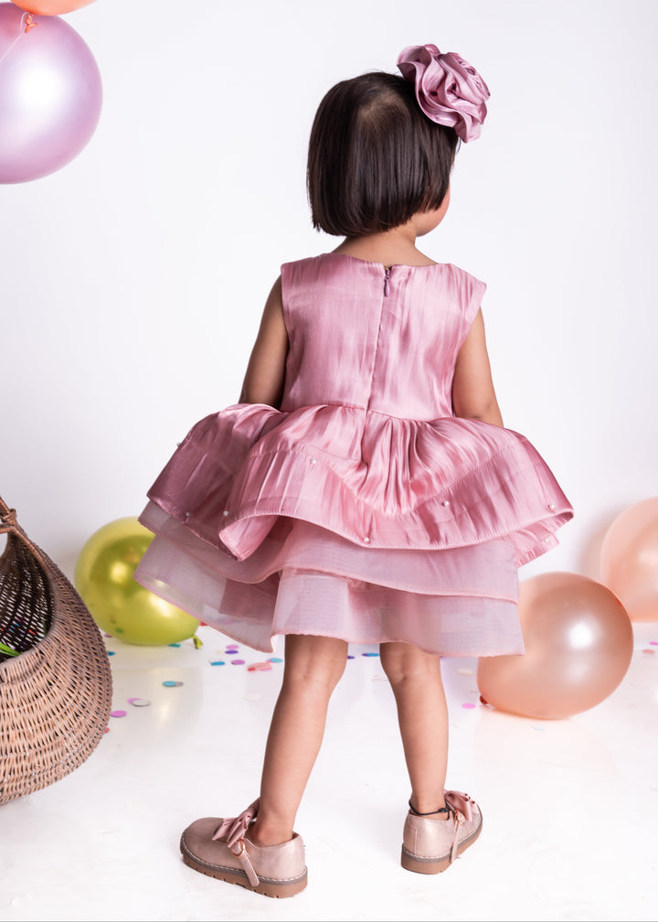 Rose Gold Pinkish Layered Flower Detailing Dress
