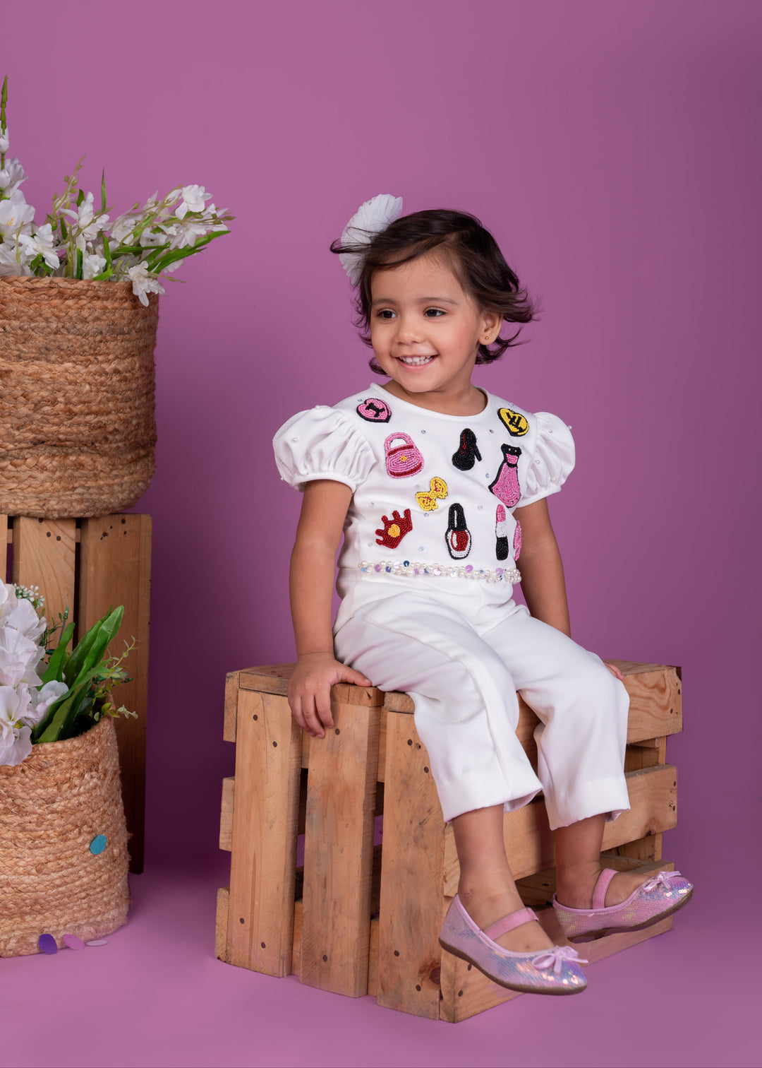 White Thick Crepe Glam Diva Theme Jumpsuit Set