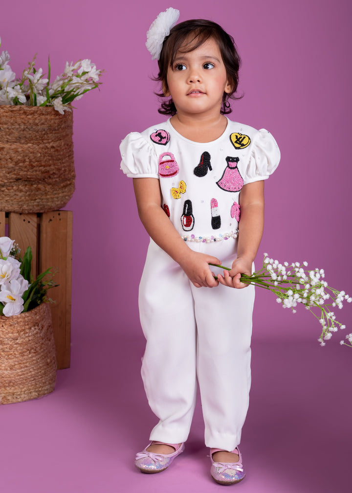 White Thick Crepe Glam Diva Theme Jumpsuit Set