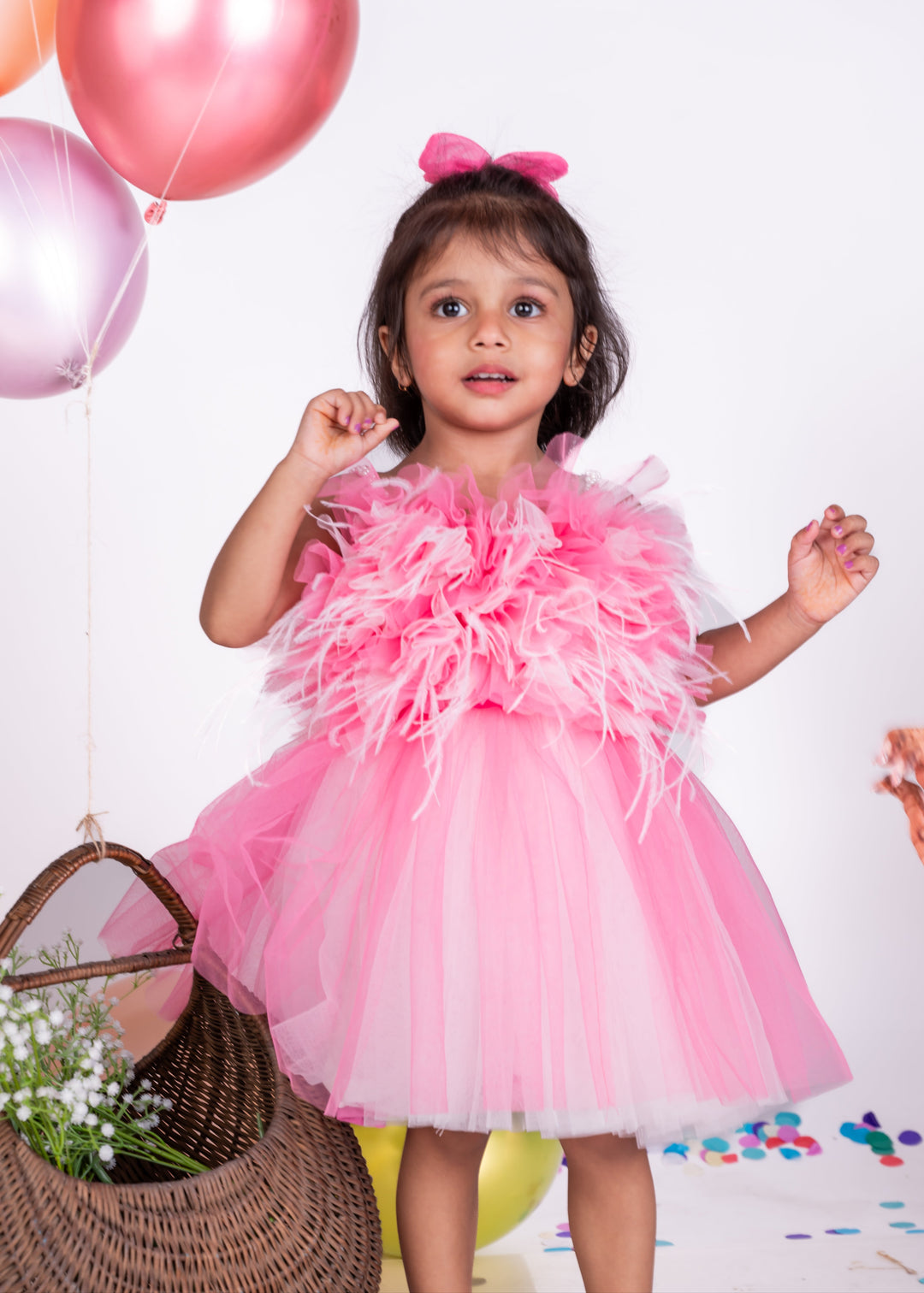 Pink Ruffle Feather Detailing Net Dress