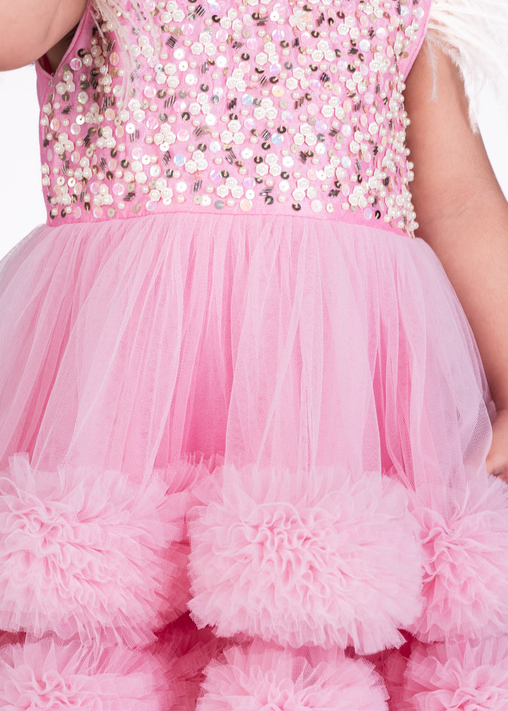 Pink Embellished Layered Ruffle Dress