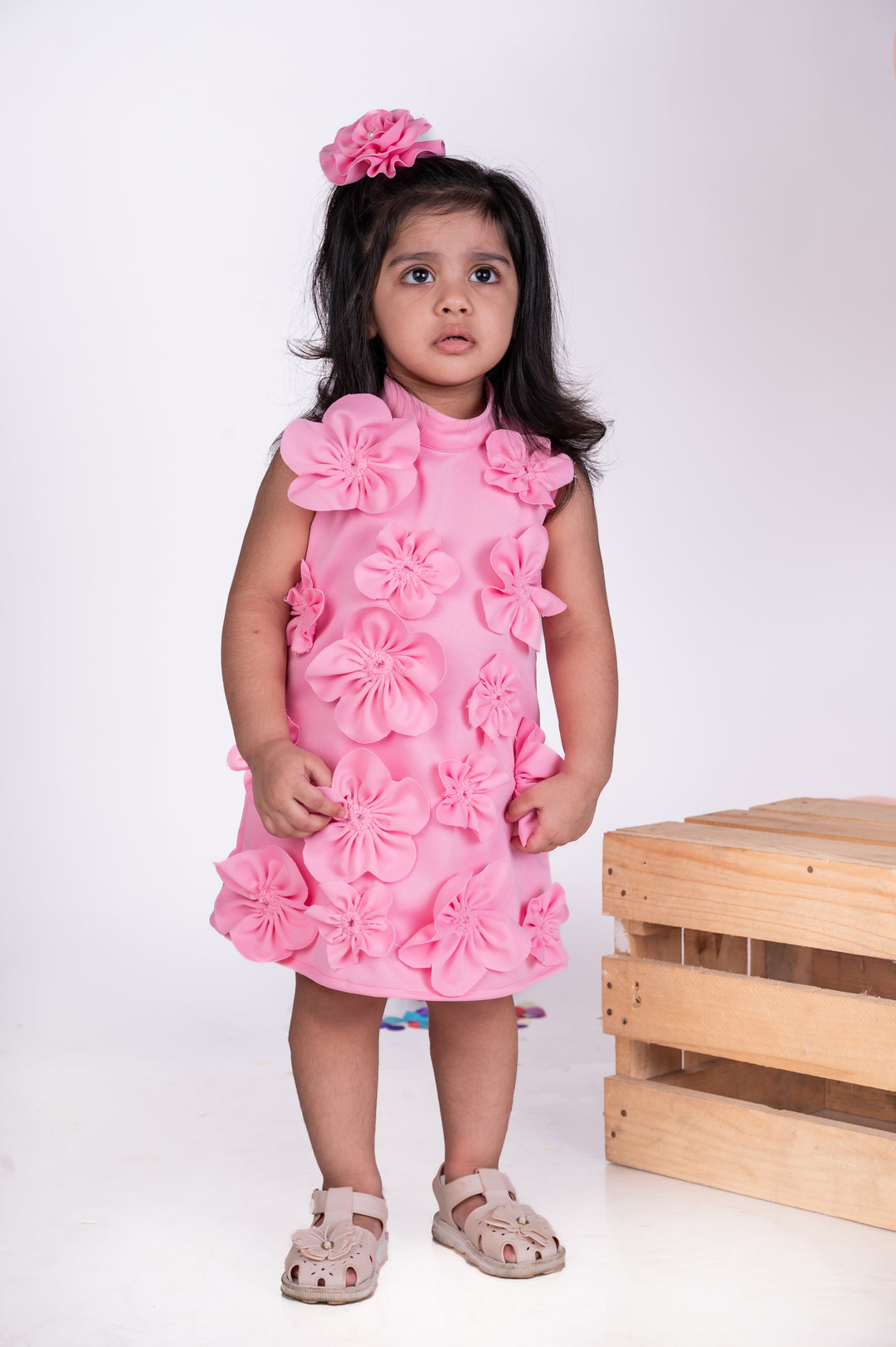 Pink Thick Crepe With Flower Detailing Flora Dress