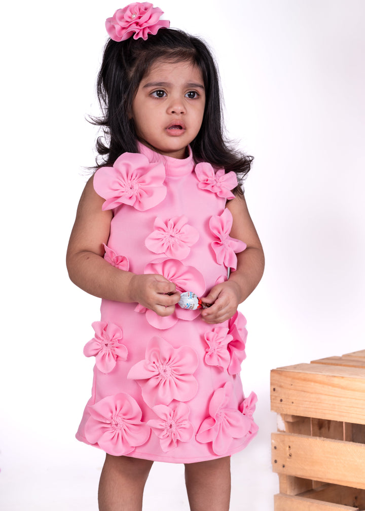Pink Thick Crepe With Flower Detailing Flora Dress