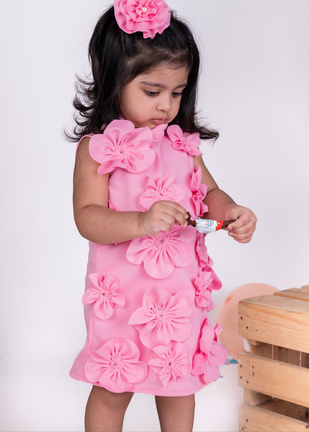 Pink Thick Crepe With Flower Detailing Flora Dress