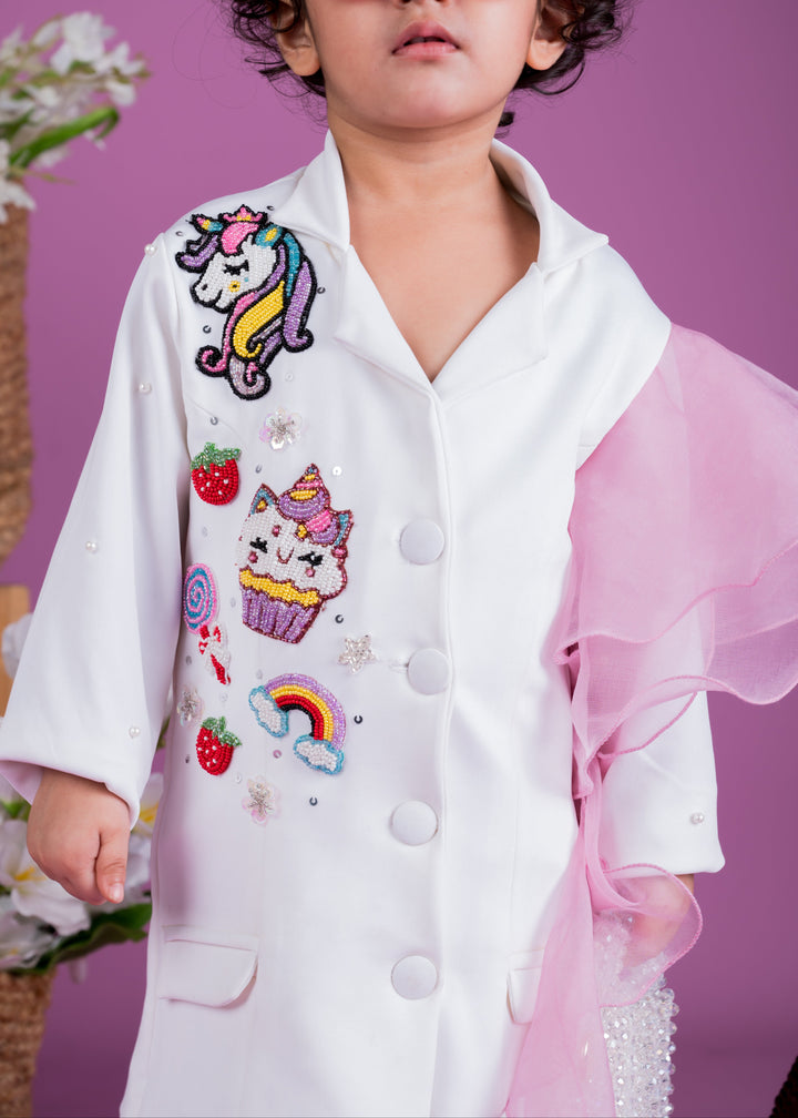 White Unicorn Theme Blazer Ruffle Dress