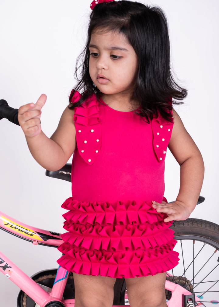 Hot Pink Thick Crepe With Ruffle Detailing Dress