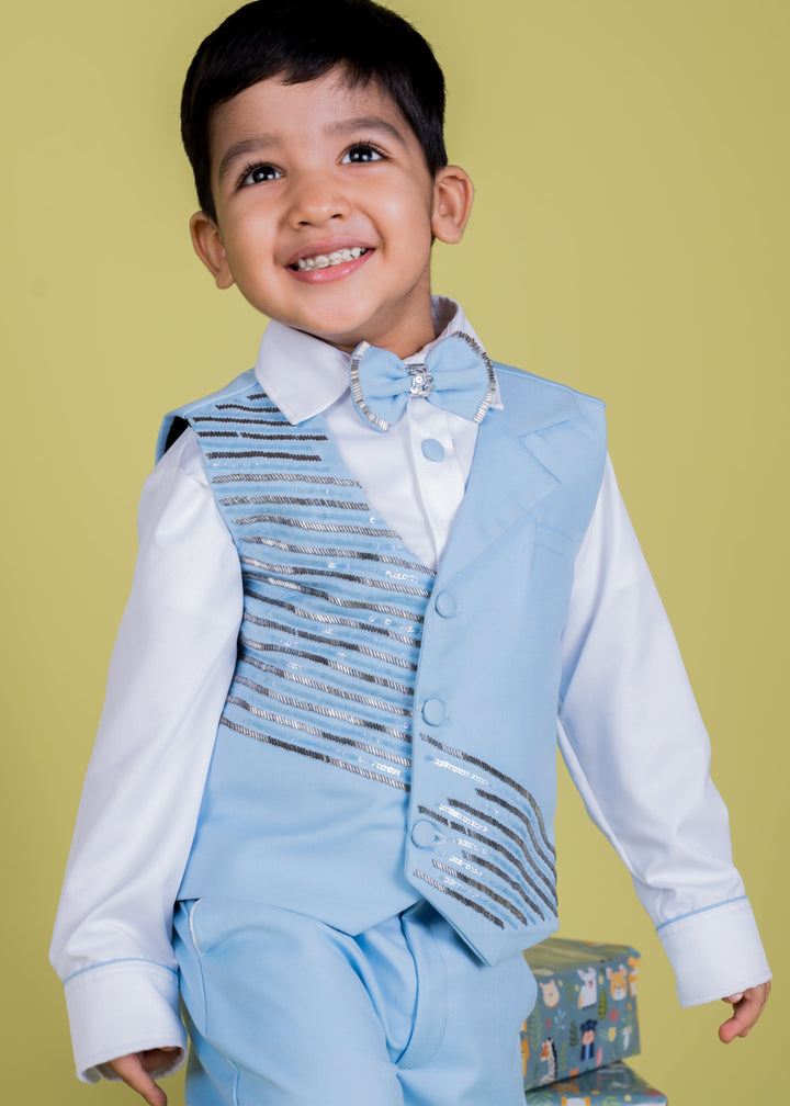 Baby Blue Embellishment Waist Coat And Trouser With White Shirt Set