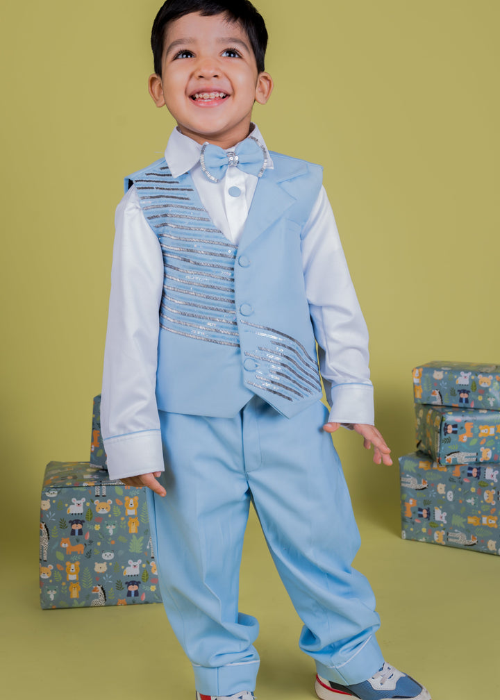 Baby Blue Embellishment Waist Coat And Trouser With White Shirt Set