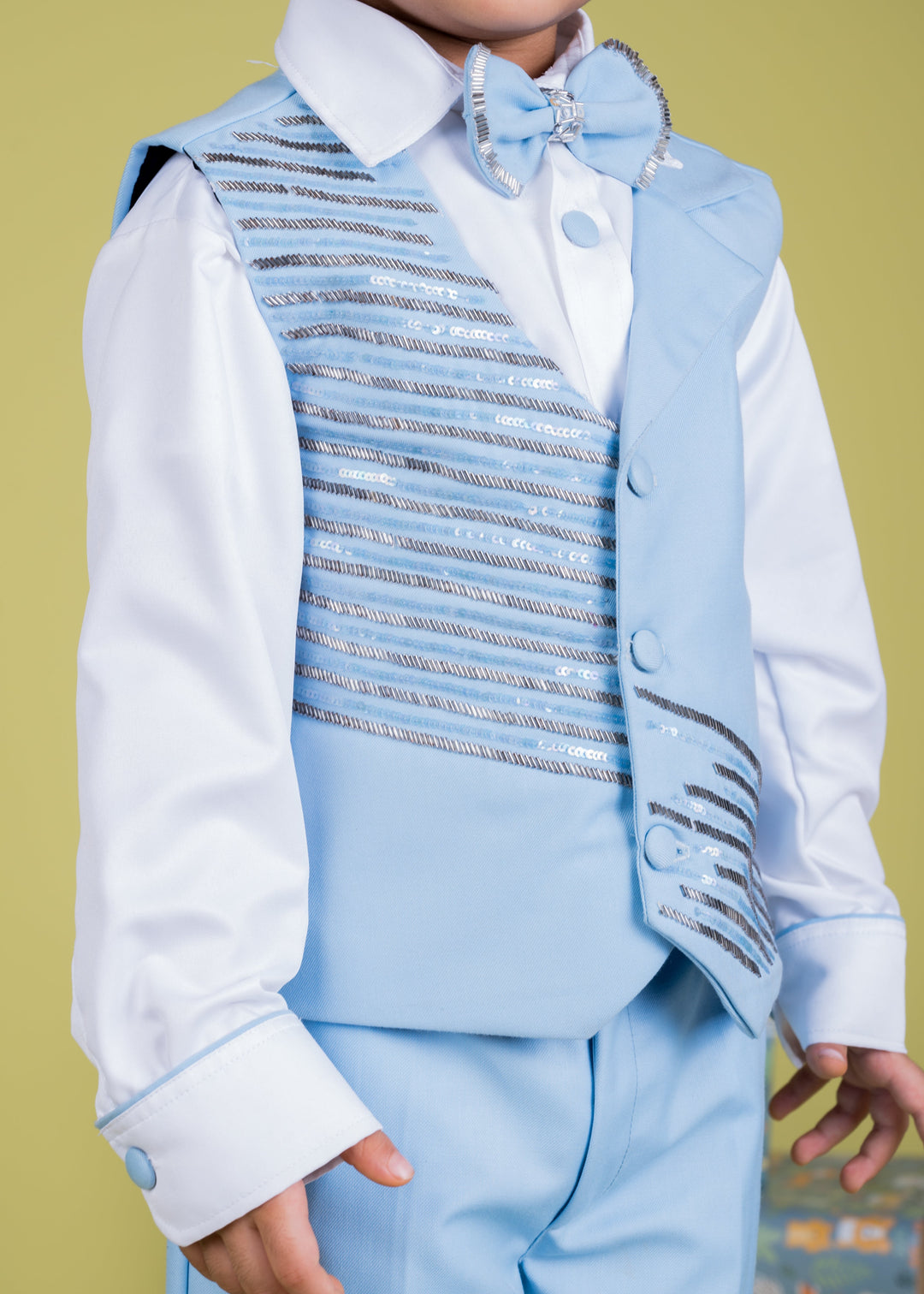 Baby Blue Embellishment Waist Coat And Trouser With White Shirt Set