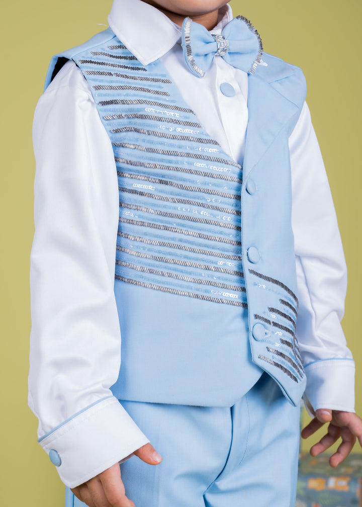 Baby Blue Embellishment Waist Coat And Trouser With White Shirt Set