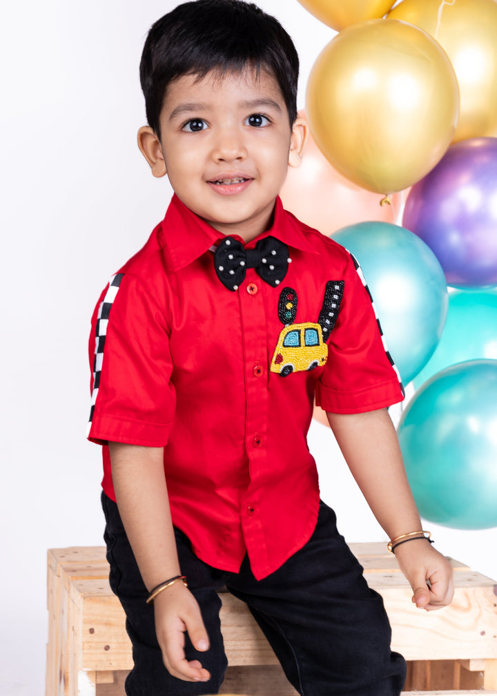 Red Racing Car Embroidery Half Sleeves Shirt With Bow