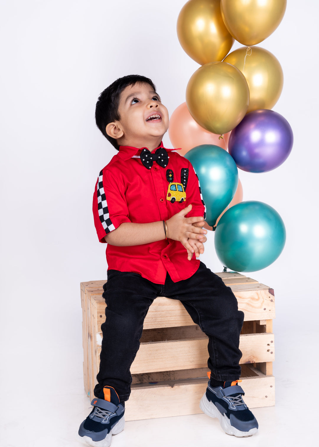 Red Racing Car Embroidery Half Sleeves Shirt With Bow