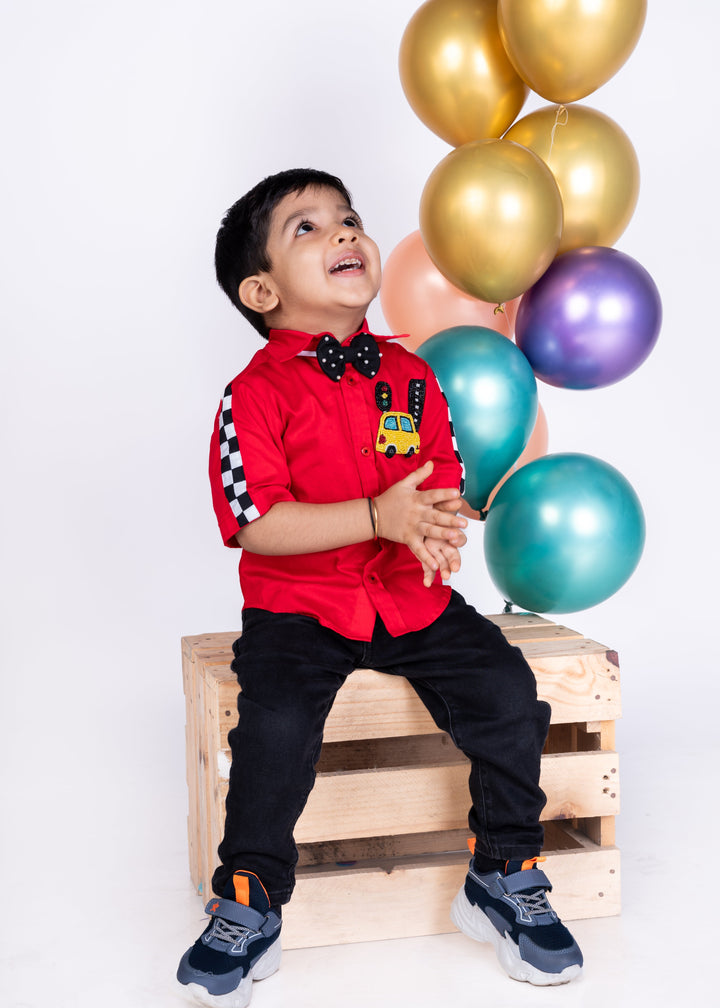 Red Racing Car Embroidery Half Sleeves Shirt With Bow
