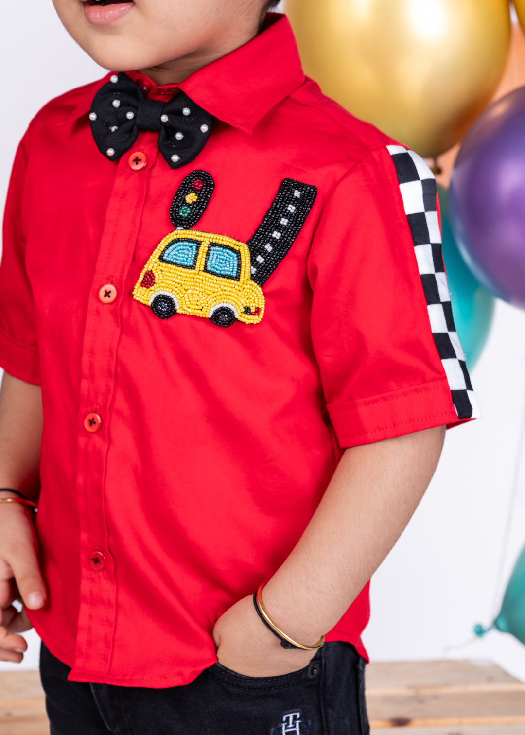 Red Racing Car Embroidery Half Sleeves Shirt With Bow