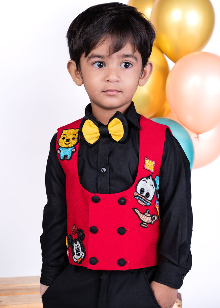 Red Disney Theme Jacket And Black Full Sleeves Shirt With Trouser Set