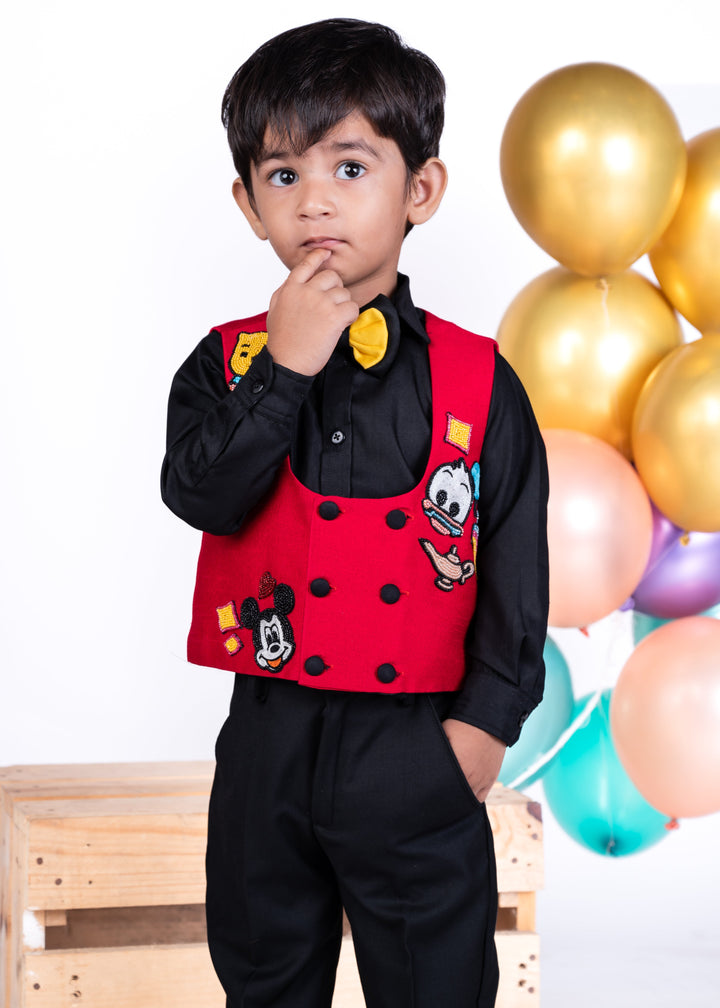 Red Disney Theme Jacket And Black Full Sleeves Shirt With Trouser Set
