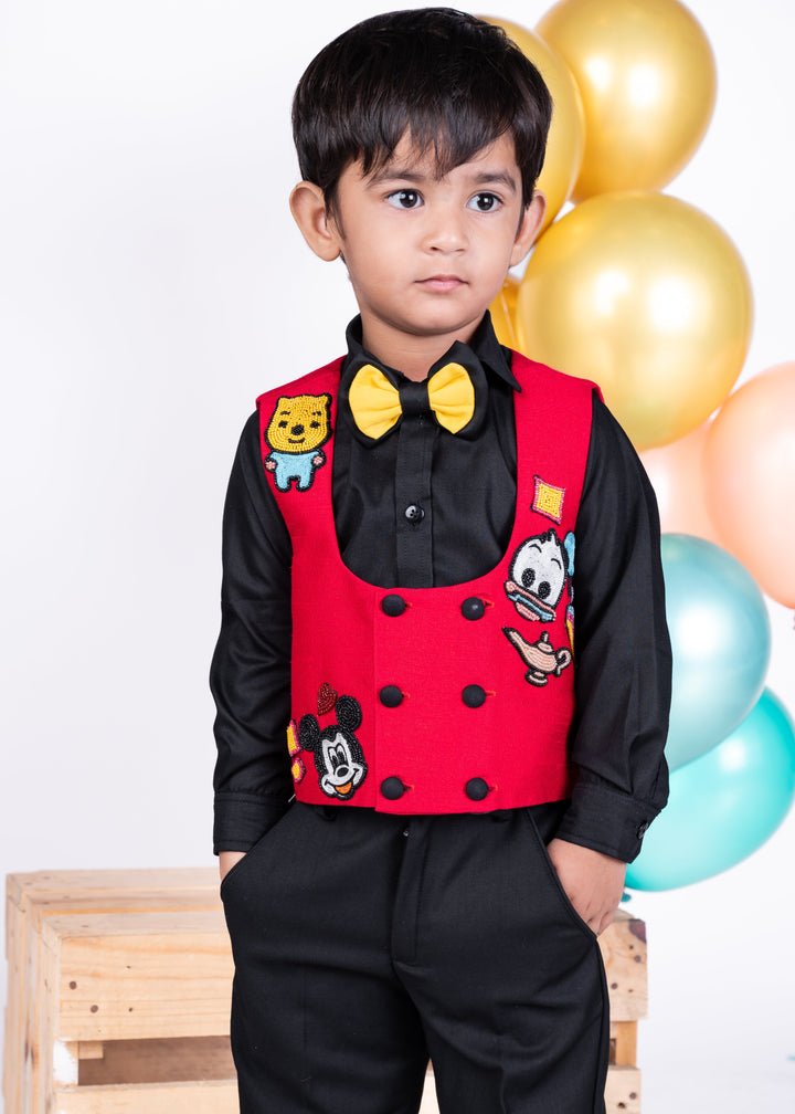 Red Disney Theme Jacket And Black Full Sleeves Shirt With Trouser Set