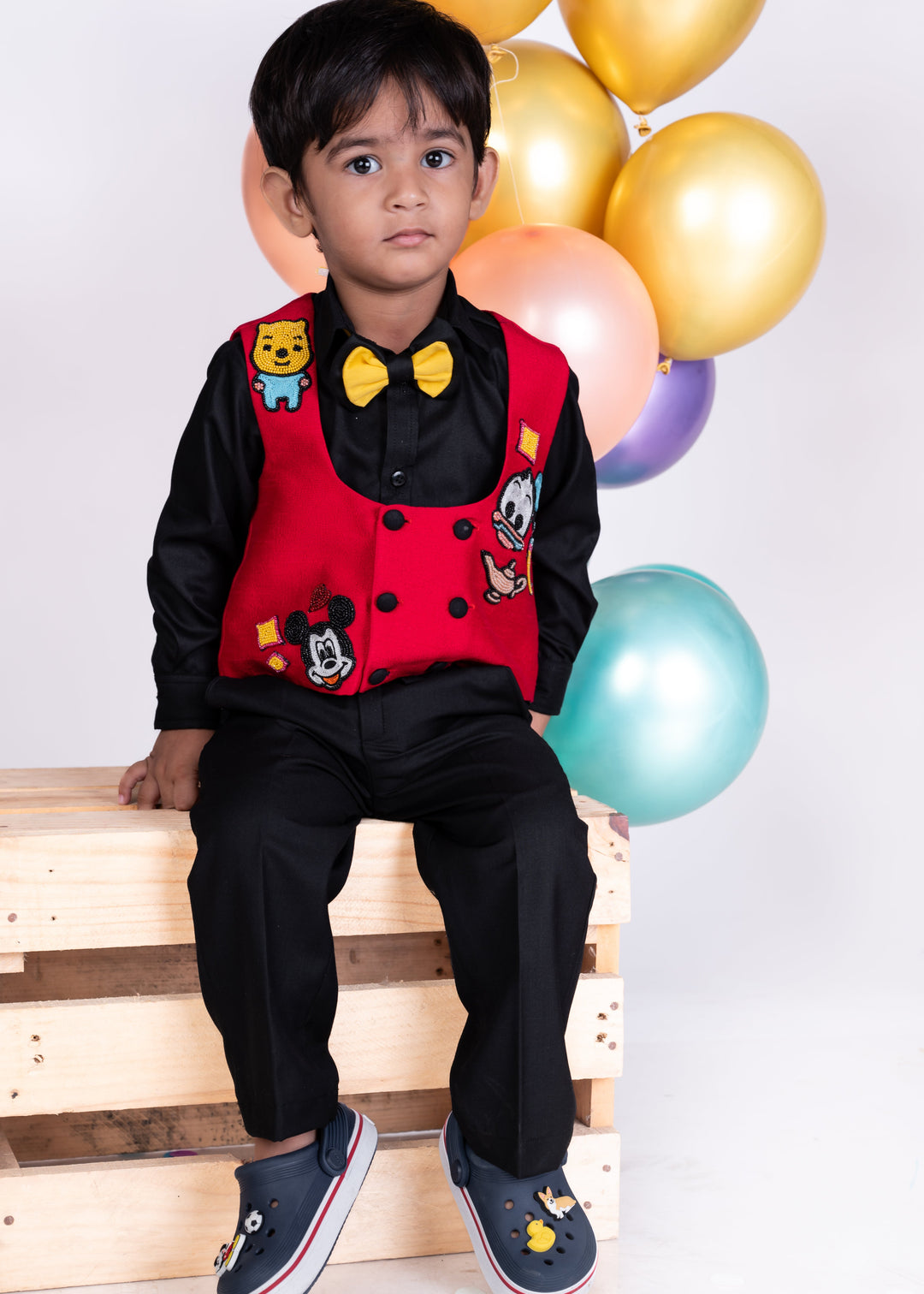 Red Disney Theme Jacket And Black Full Sleeves Shirt With Trouser Set