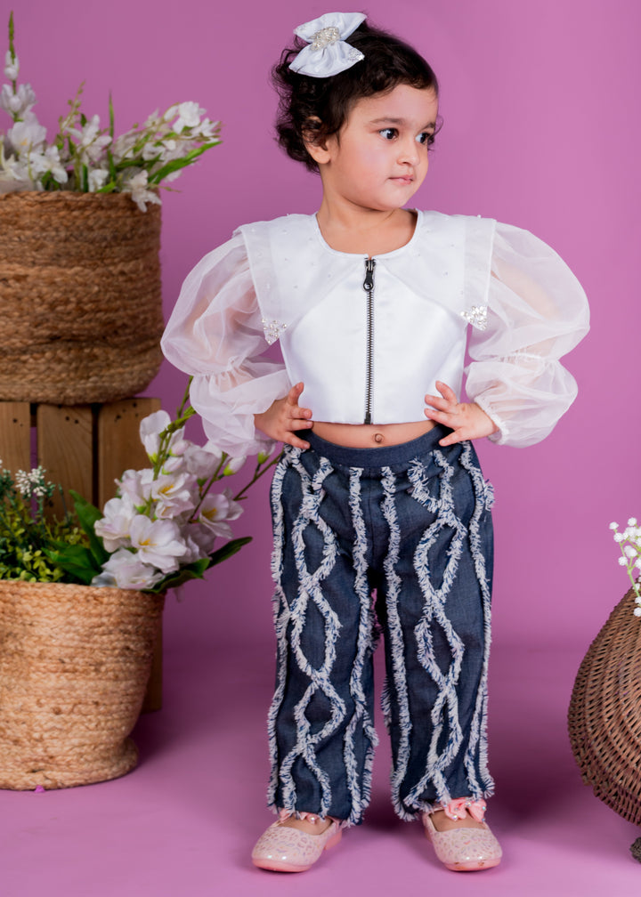 White Embellished Crop Top With Stylish Denim Pant