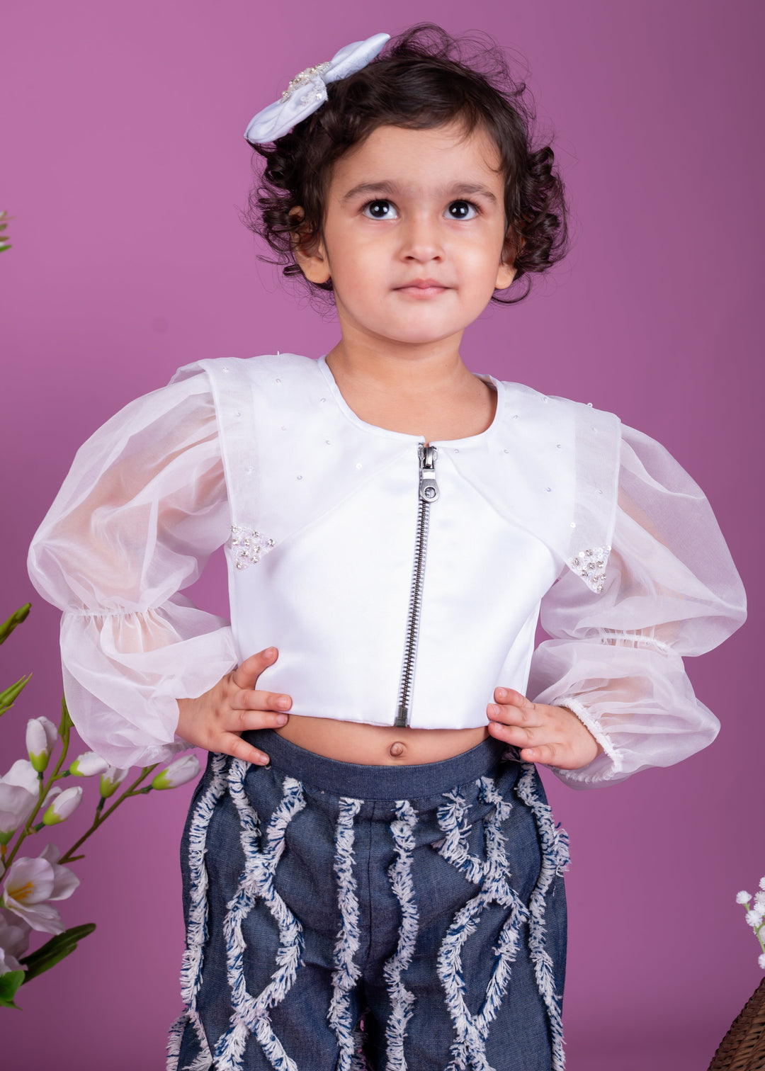 White Embellished Crop Top With Stylish Denim Pant