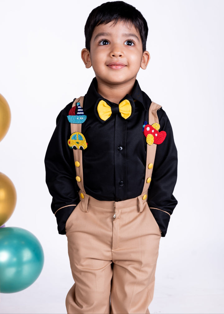 Black Transport Theme Suspender Full Sleeve Shirt With Beige Trouser Set