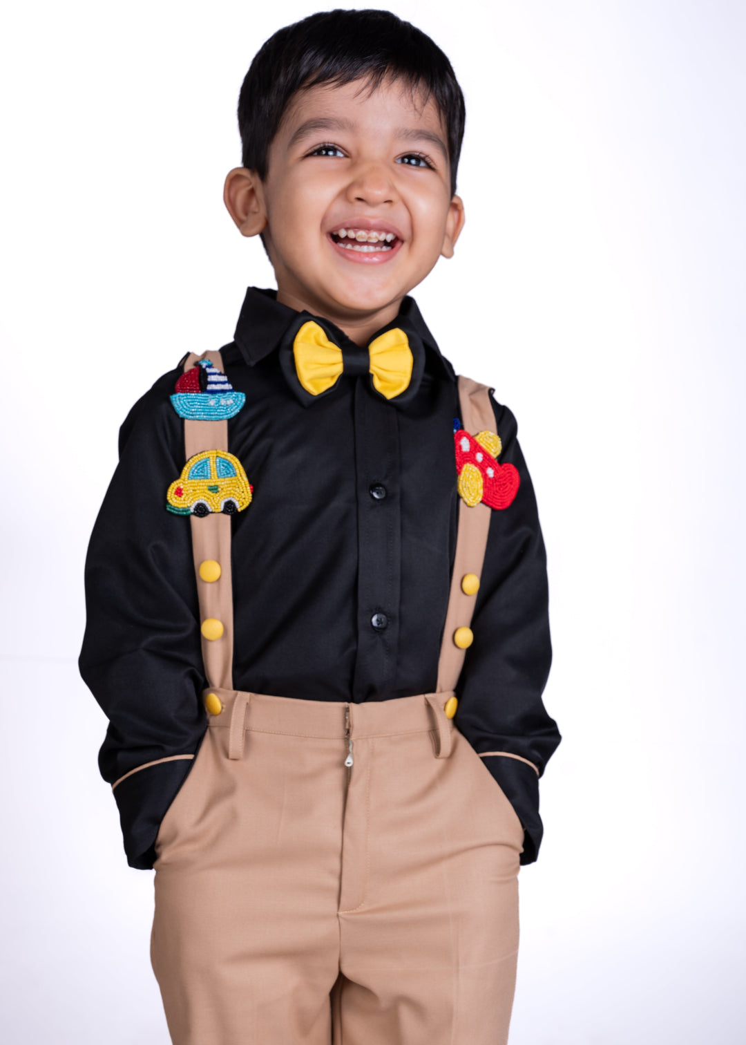 Black Transport Theme Suspender Full Sleeve Shirt With Beige Trouser Set