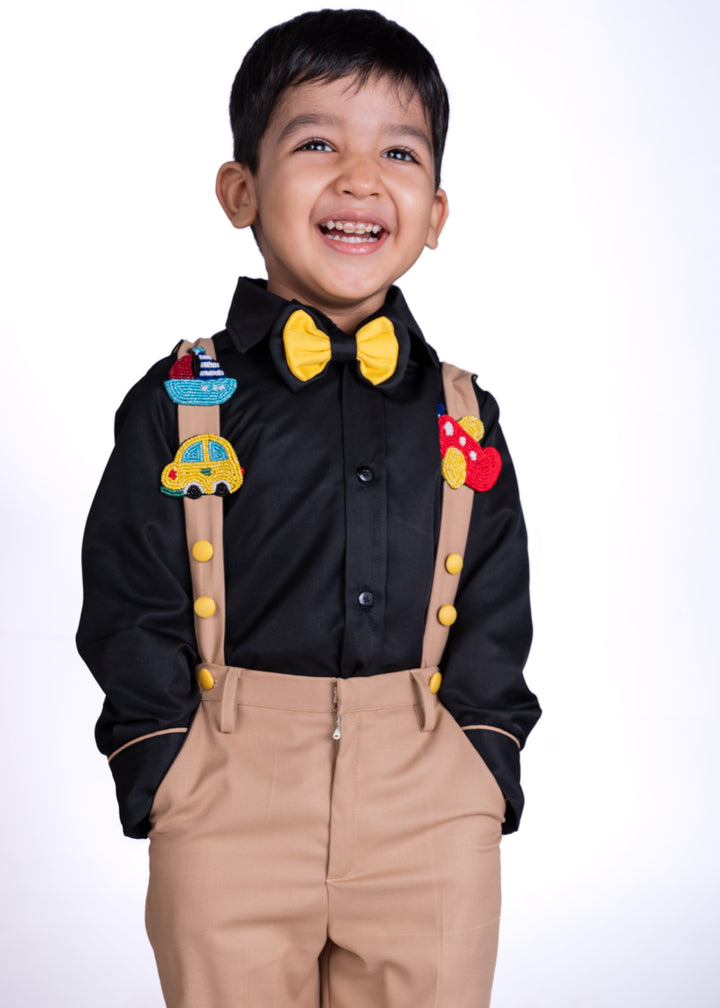 Black Transport Theme Suspender Full Sleeve Shirt With Beige Trouser Set