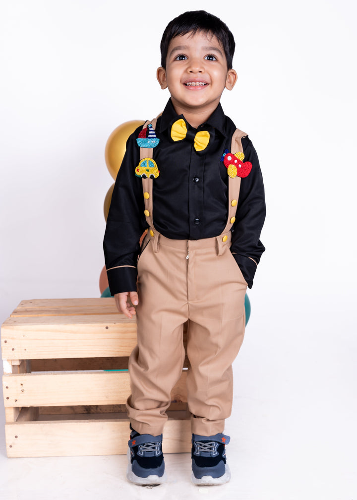 Black Transport Theme Suspender Full Sleeve Shirt With Beige Trouser Set