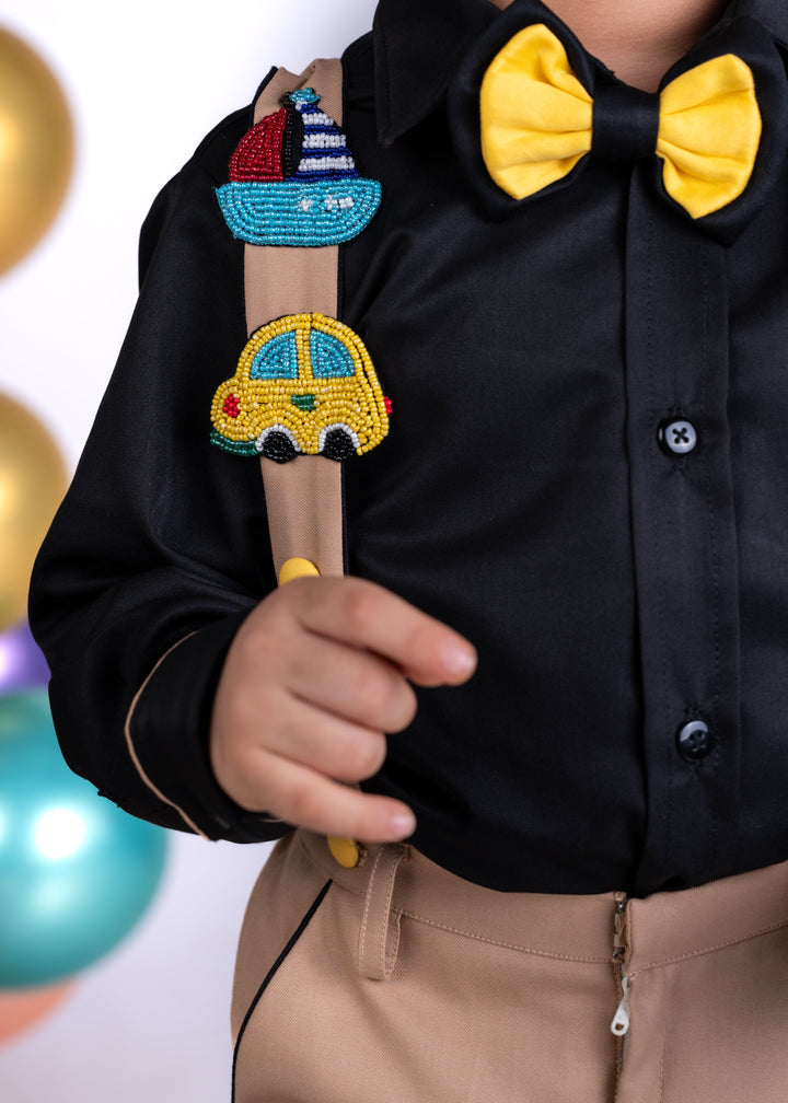 Black Transport Theme Suspender Full Sleeve Shirt With Beige Trouser Set