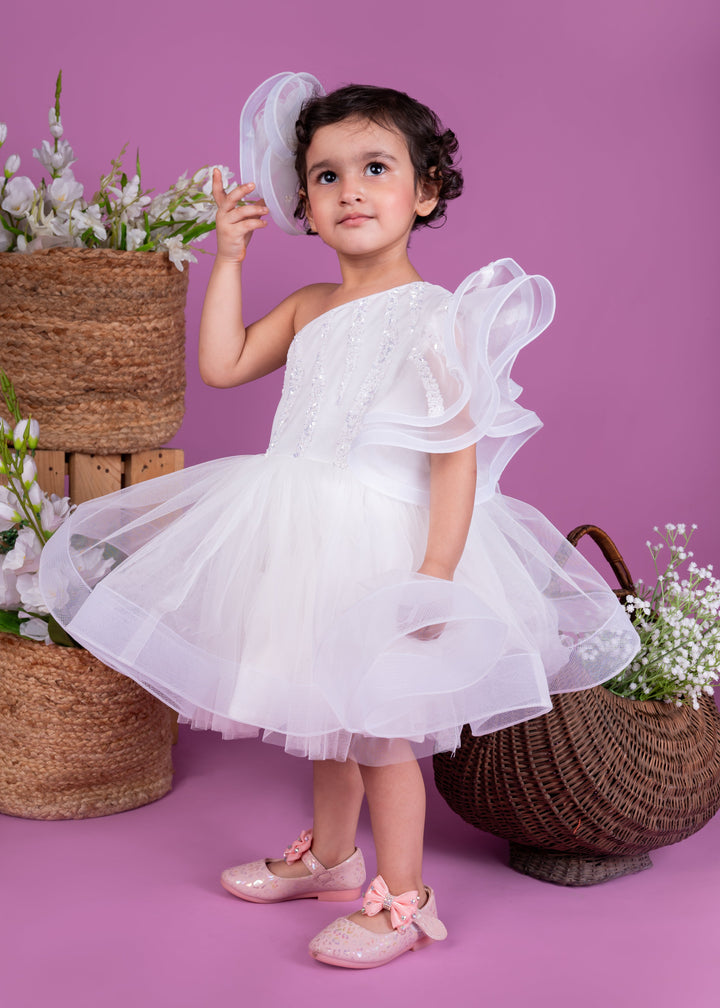 White Net Embellished One Shoulder Dress