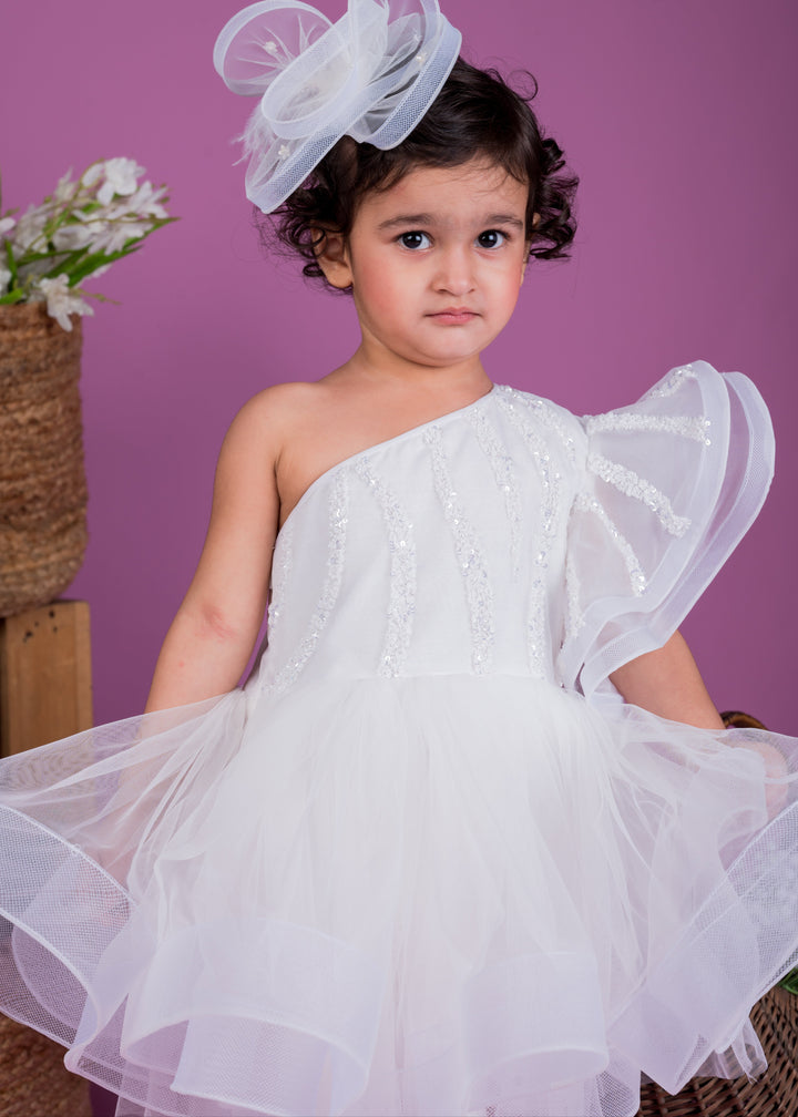 White Net Embellished One Shoulder Dress