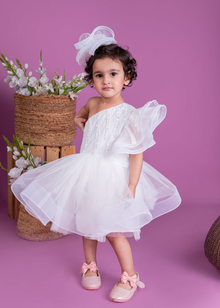 White Net Embellished One Shoulder Dress