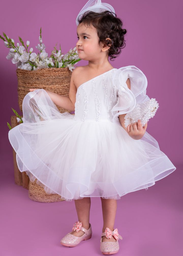 White Net Embellished One Shoulder Dress