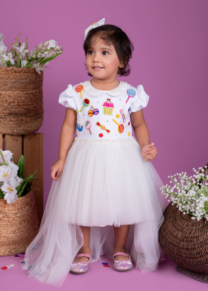 White Heavy Candy With High Low Net Dress